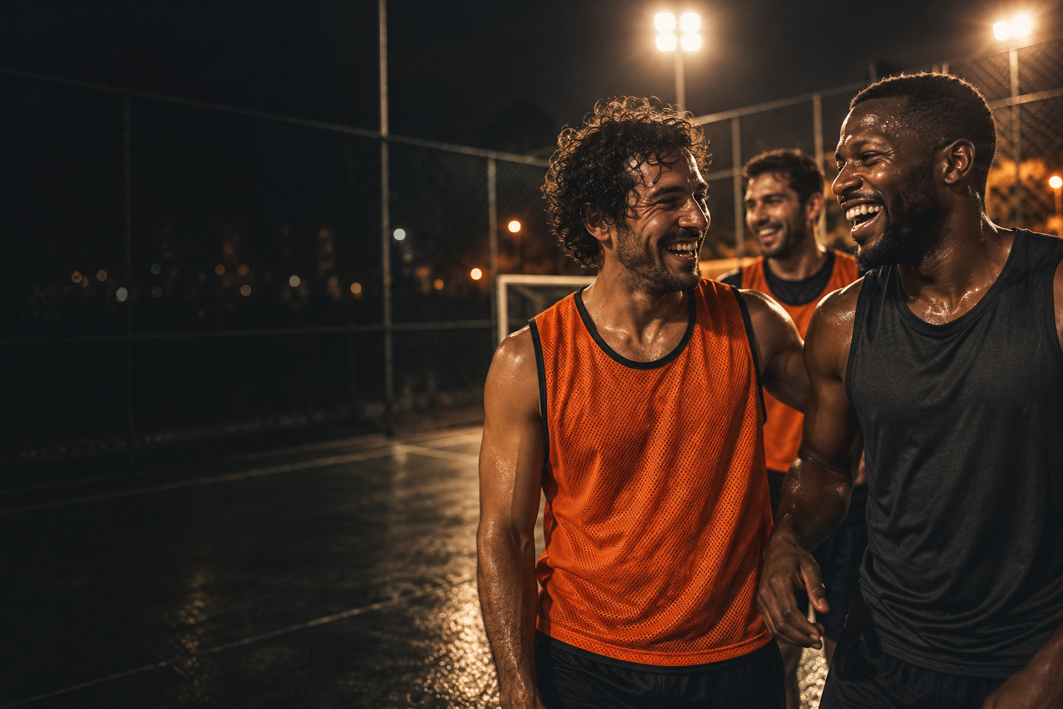 Amigos reunidos na quadra após uma partida de futebol