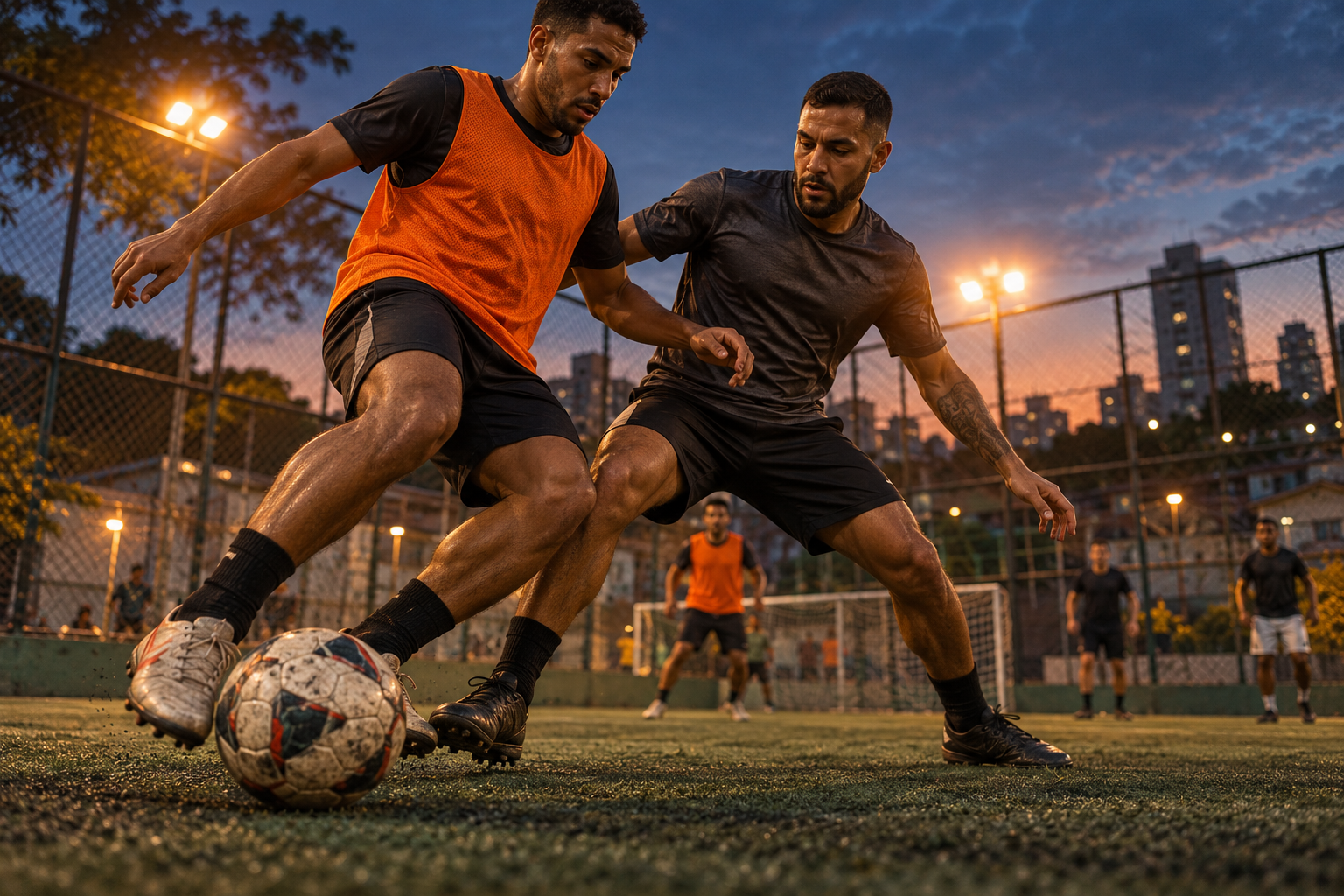Jogadores disputando a bola em uma quadra de futebol ao entardecer